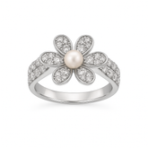 925 Silver Flower Ring with Pearl Center & Zircon Accents
