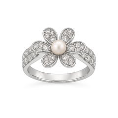 925 Silver Flower Ring with Pearl Center & Zircon Accents
