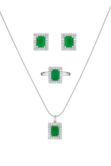 Green Stone with Zircon Frame Locket, Tops & Ring Set in 925 Silver