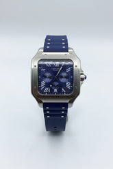 The "Classic Santos" Silver & Sunburst Navy Chronograph Rubber Strap