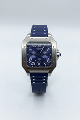 The "Classic Santos" Silver & Sunburst Navy Chronograph Rubber Strap