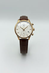 Rose Gold Dress Chronograph Watch – White Dial Brown Leather Strap