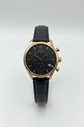 Rose Gold Dress Chronograph Watch – Black Leather Strap