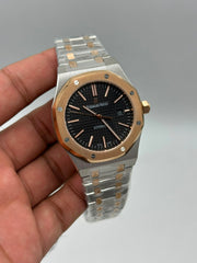 The "Classic Oak" Two-Tone Rose Gold & Onyx Tapisserie Steel Bracelet