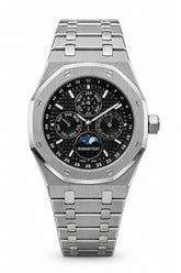 The "Classic Oak Perpetual Calendar" Silver & Onyx Tapisserie Steel Bracelet