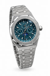 The "Classic Oak Perpetual Calendar" Silver & Monochromatic Navy Tapisserie Steel