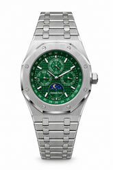 The "Classic Oak Perpetual Calendar" Silver & Emerald Tapisserie Steel Bracelet