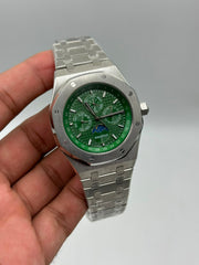 The "Classic Oak Perpetual Calendar" Silver & Emerald Tapisserie Steel Bracelet