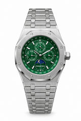 The "Classic Oak Perpetual Calendar" Silver & Emerald Tapisserie Steel Bracelet