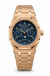 The "Classic Oak Perpetual Calendar" Rose Gold & Monochromatic Navy Tapisserie Bracelet