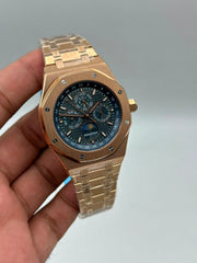 The "Classic Oak Perpetual Calendar" Rose Gold & Monochromatic Navy Tapisserie Bracelet