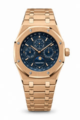 The "Classic Oak Perpetual Calendar" Rose Gold & Monochromatic Navy Tapisserie Bracelet