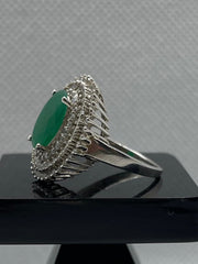 925 Silver Ring with Big Oval Green Stone & Zircon Border