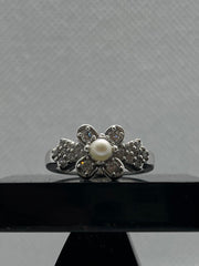 925 Silver Flower Ring with Pearl Center & Zircon Accents