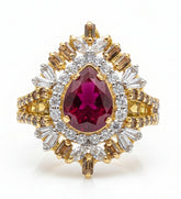 Royal Pear-Cut Ruby Ring with Sunburst Zirconia Halo | Time N Treasure
