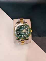 Two-Tone Gold & Silver Emerald Diver Custom Watch – Green Dial | Time N Treasure