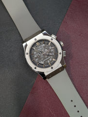 Silver Quartz Chronograph Watch – Grey Skeleton Dial & Rubber Strap | Time N Treasure