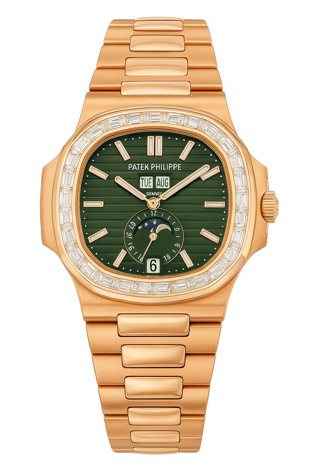 Patek Philippe Nautilus Inspired Rose Gold Green Dial with Stone Bracket Bezel