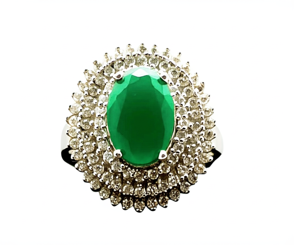 925 Silver Ring with Big Oval Green Stone & Zircon Border