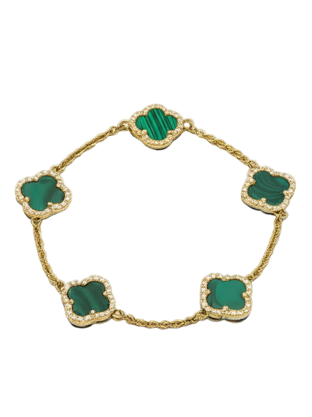 Van Cleef-Inspired Alhambra Green Malachite Bracelet – Gold Plated 925 Silver with Zircon Border