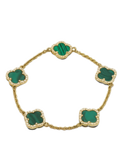 Van Cleef-Inspired Alhambra Green Malachite Bracelet – Gold Plated 925 Silver with Zircon Border