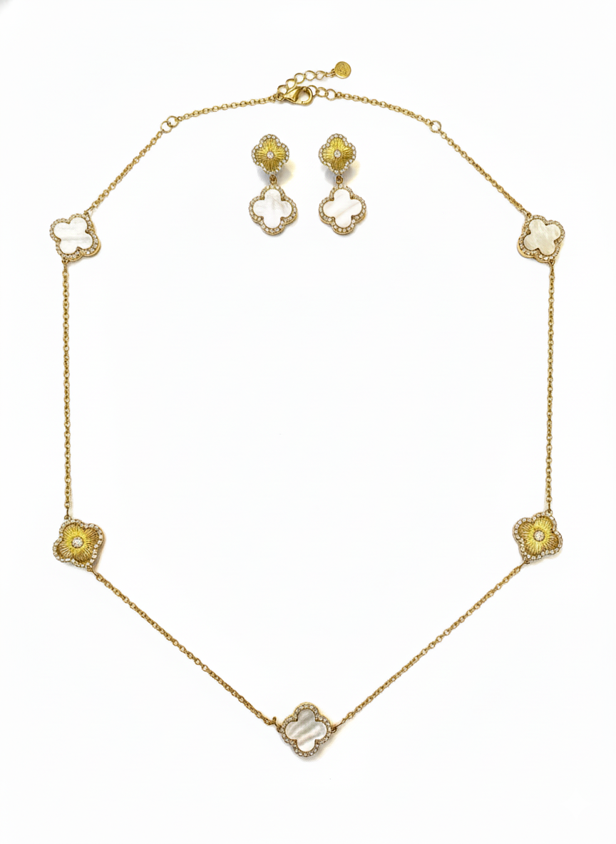 Van Cleef Inspired Mother of Pearl Necklace Set – Gold Plated 925 Silver with Tops