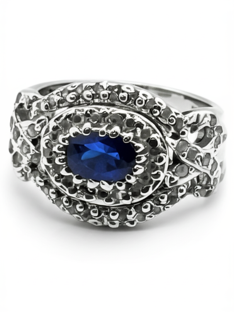 925 Silver Ring with Blue Oval Stone & Zircon