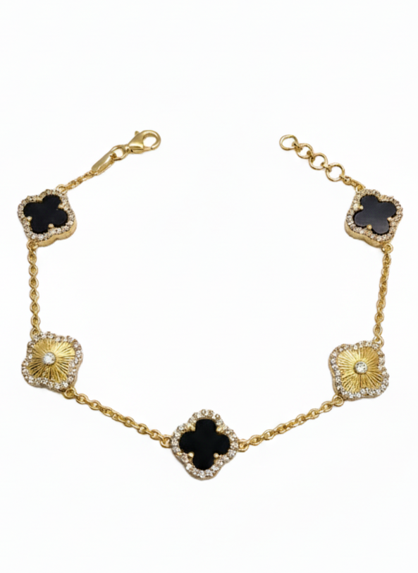 Van Cleef Inspired Plain & Black Stone Chain Bracelet – 925 Silver