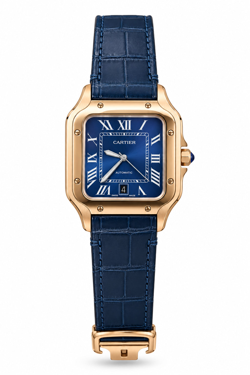 The "Classic Santos" Rose Gold & Sunburst Navy Leather