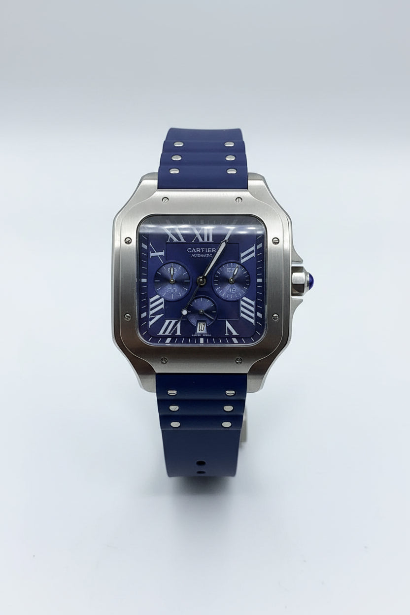 The "Classic Santos" Silver & Sunburst Navy Chronograph Rubber Strap