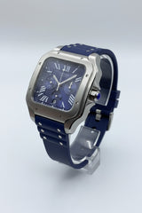 The "Classic Santos" Silver & Sunburst Navy Chronograph Rubber Strap