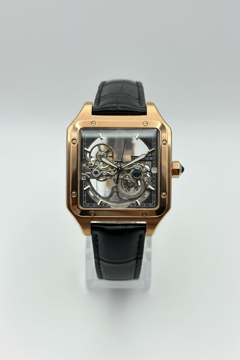 The "Classic Santos" Rose Gold Skeleton Leather
