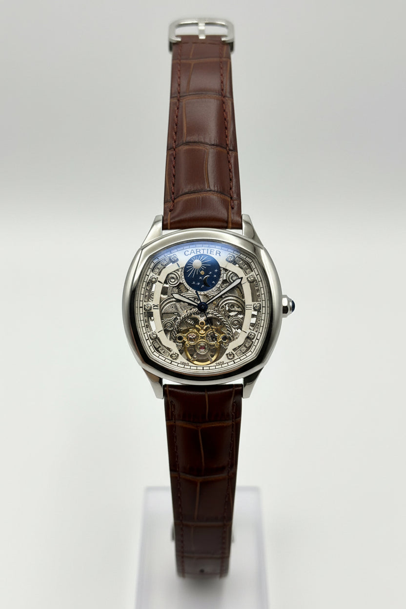 The "Classic Drive" Silver Skeleton Moonphase Leather