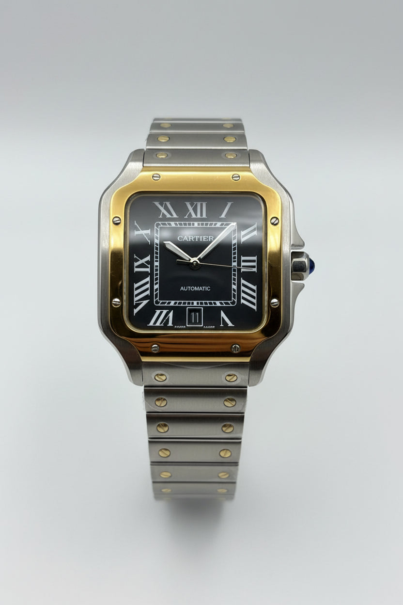 The "Classic Santos" Two-Tone Gold & Onyx Steel Bracelet