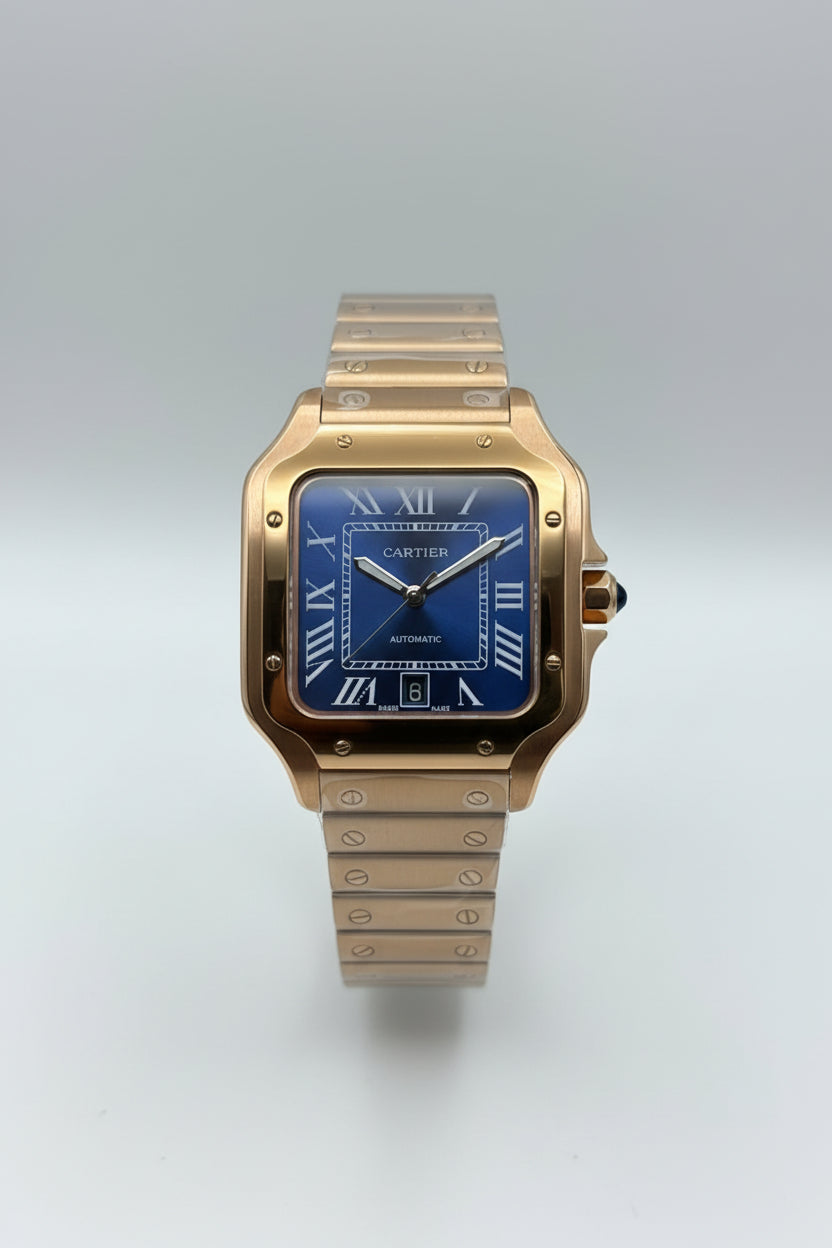 The "Classic Santos" Rose Gold & Sunburst Navy Steel Bracelet