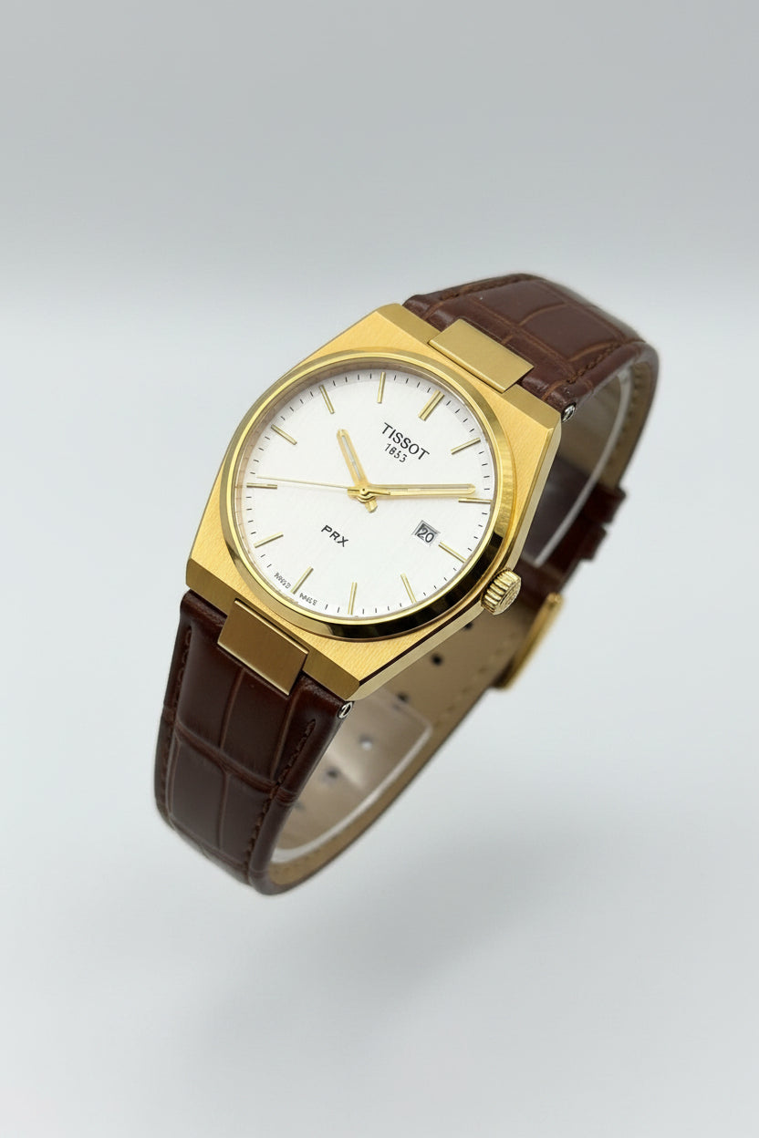 Gold Integrated Steel Watch – Silver Dial Brown Leather Strap
