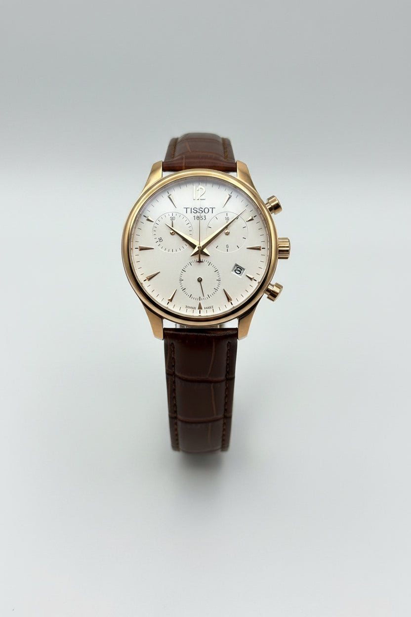 Rose Gold Dress Chronograph Watch – White Dial Brown Leather Strap