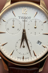 Rose Gold Dress Chronograph Watch – White Dial Brown Leather Strap