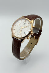 Rose Gold Dress Chronograph Watch – White Dial Brown Leather Strap