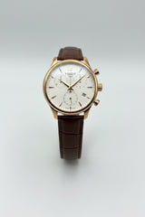 Rose Gold Dress Chronograph Watch – White Dial Brown Leather Strap