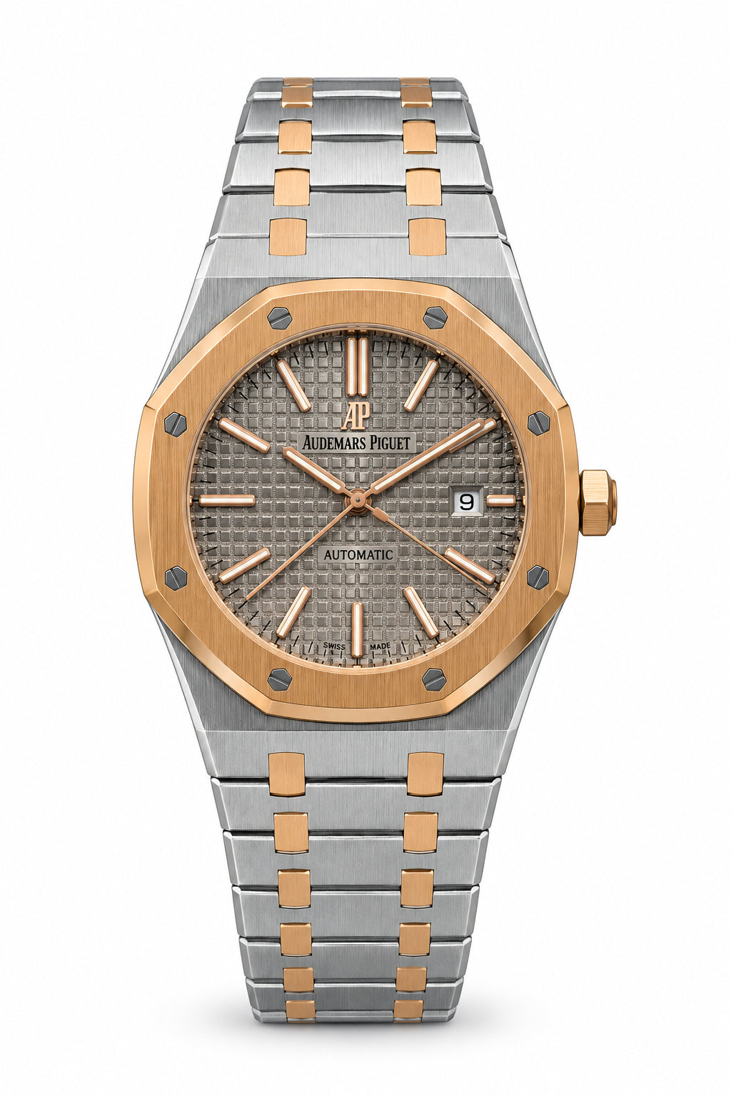 The "Classic Oak" Two-Tone Rose Gold & Grey Tapisserie Steel Bracelet
