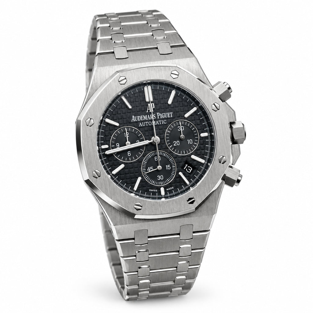 The "Classic Oak Chronograph" Silver & Onyx Tapisserie Steel Bracelet