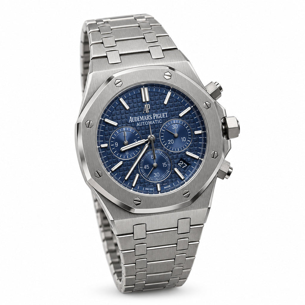 The "Classic Oak Chronograph" Silver & Sunburst Navy Tapisserie Steel