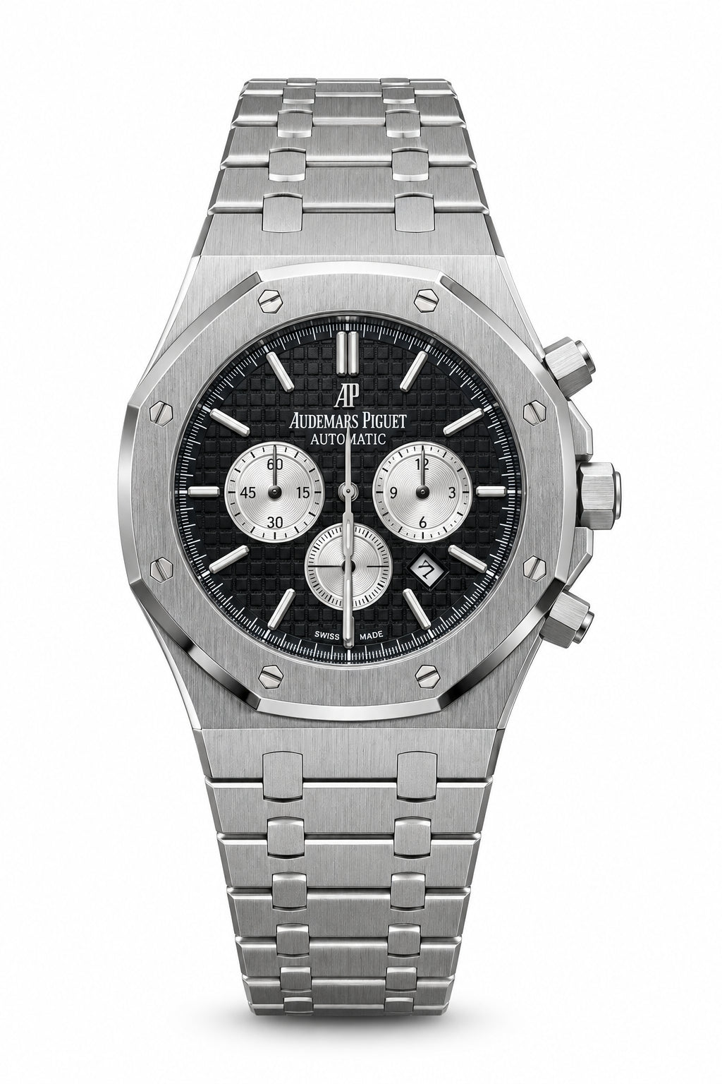 The "Classic Oak Chronograph" Silver & Panda Onyx Tapisserie Steel Bracelet