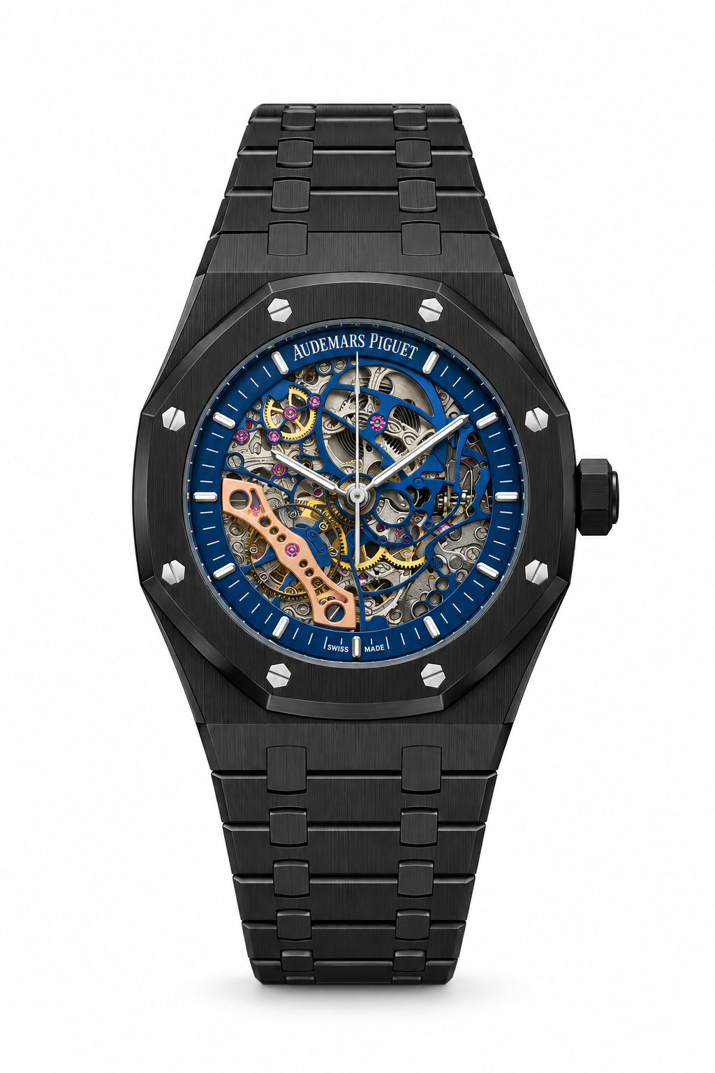 The "Classic Oak Double Balance Wheel Skeleton" All-Black ADLC & Royal Blue Openworked