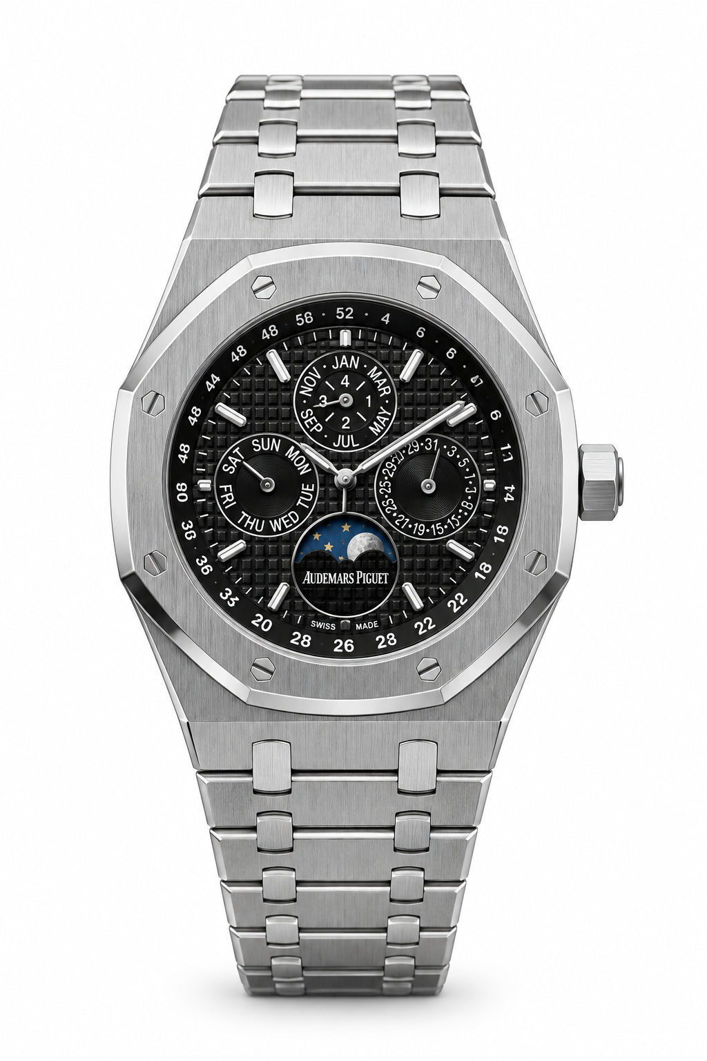 The "Classic Oak Perpetual Calendar" Silver & Onyx Tapisserie Steel Bracelet