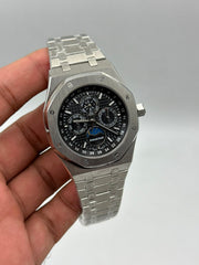 The "Classic Oak Perpetual Calendar" Silver & Onyx Tapisserie Steel Bracelet