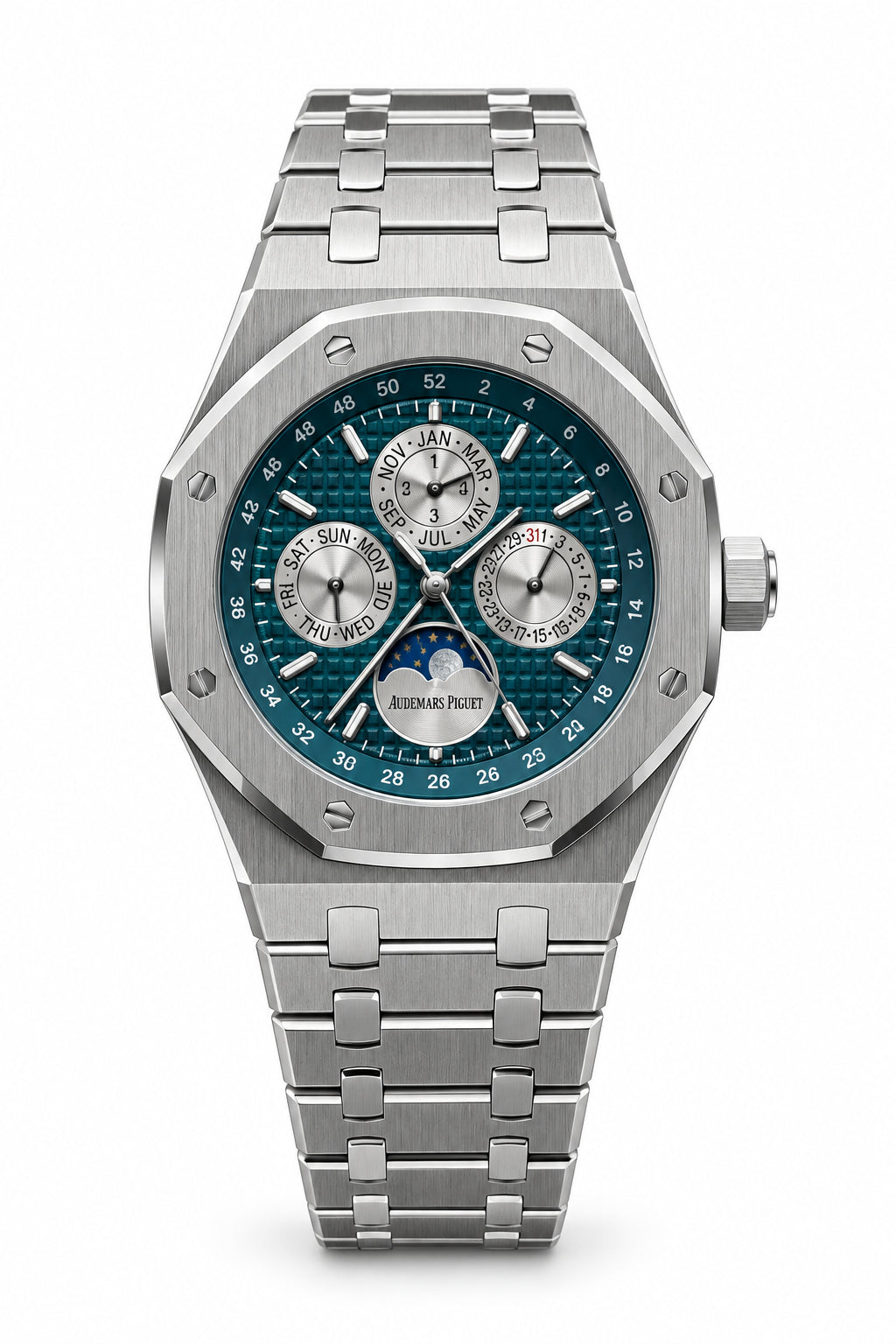 The "Classic Oak Perpetual Calendar" Silver & Navy Tapisserie Steel Bracelet