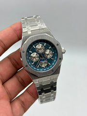 The "Classic Oak Perpetual Calendar" Silver & Navy Tapisserie Steel Bracelet