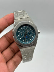 The "Classic Oak Perpetual Calendar" Silver & Monochromatic Navy Tapisserie Steel